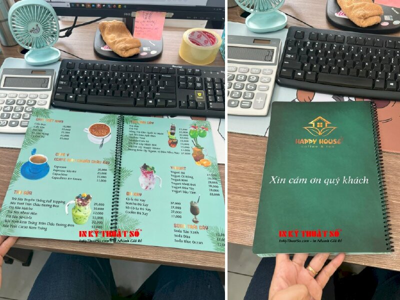 In menu quán cà phê, làm menu nhựa đóng cuốn gáy lò xo chống thấm, chống cong vênh - INKTS950