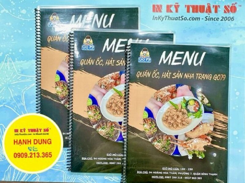 In menu quán ốc hải sản Nha Trang, cuốn menu giấy ép plastic - INKTS976