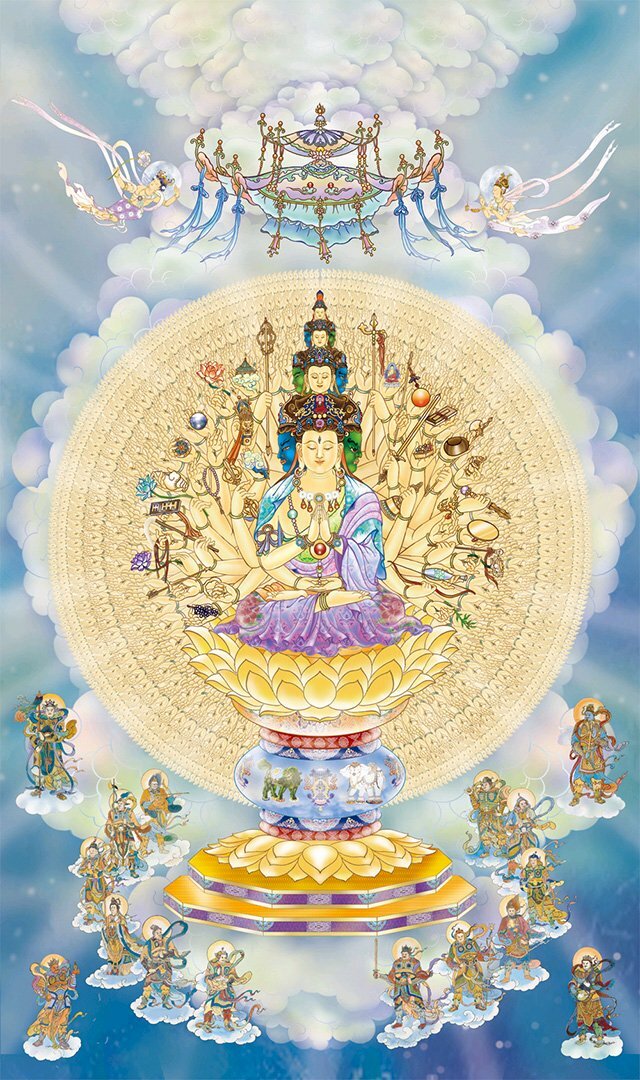 Hình ảnh Phật Thiên Thủ Quán Âm Bồ Tát nghìn mắt nghìn tay đang ngồi trên đài sen trang nghiêm, xung quanh có các vị hộ pháp.