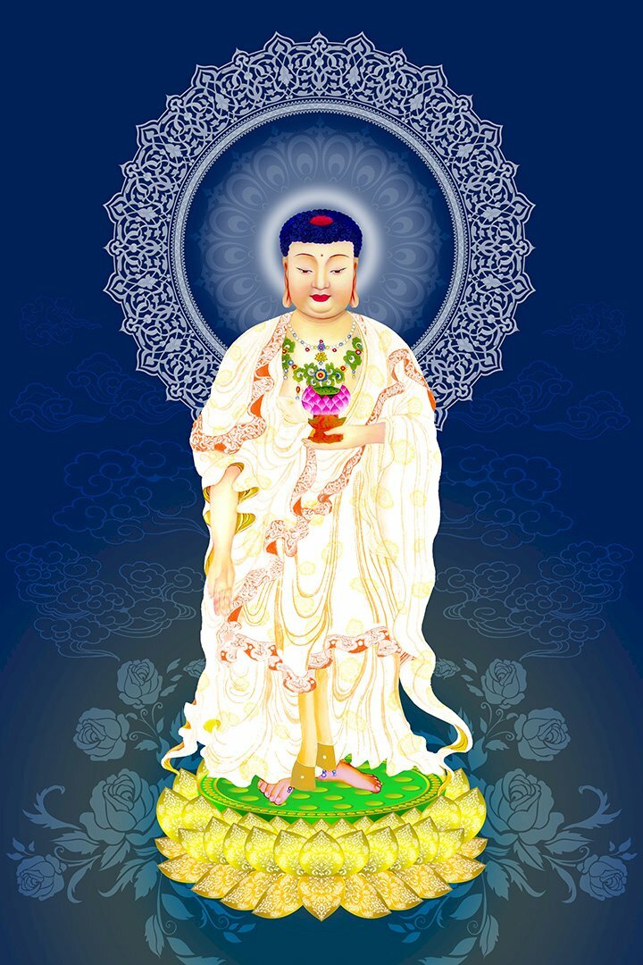Ảnh A Di Đà Phật Y Trắng, đứng trên đài sen vàng, tay cầm đóa hoa Sen, tỏa hào quang trắng trên nền hoa văn xanh