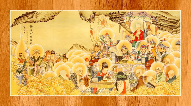 Ảnh đức Phật thuyết Kinh A Di Đà cho các vị đại tỳ kheo, các vị Đại Bồ Tát, vô lượng chư thiện,... đại chúng đến dự hội.