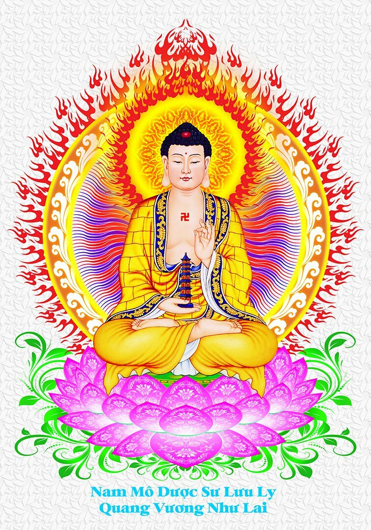 Hình ảnh Dược Sư Lưu Ly Quang Vương Như Lai Phật khoác y vàng ngồi trên đài sen, tỏa hào quang sáng sau lưng, trên nền trắng có họa tiết.  