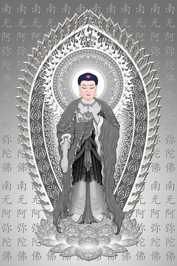 Hình Phật A Di Đà trắng đen trang nghiêm, trên nền chữ Hán đẹp nhất.