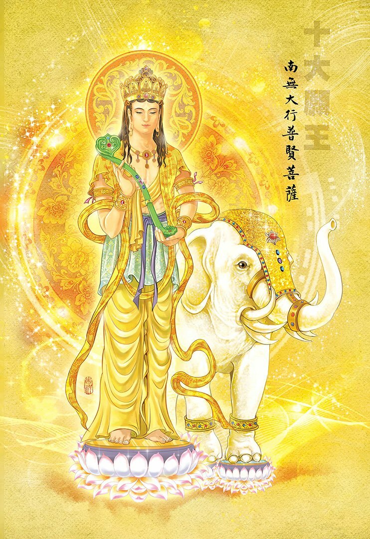 Hình ảnh Phổ Hiền Bồ Tát toàn thân màu vàng đứng trên đài sen, tỏa hào quang vàng rực rỡ, tay ngài cầm ngọc châu đại diện cho châu báu, công đức, bên cạnh là voi trắng. 