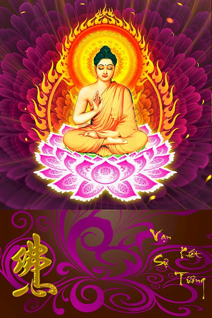 Ảnh bìa lịch Bloc hình Phật Thích Ca ngồi trên đài sen hồng, tỏa hào quang rực rỡ sau lưng, trên nền hoa tím