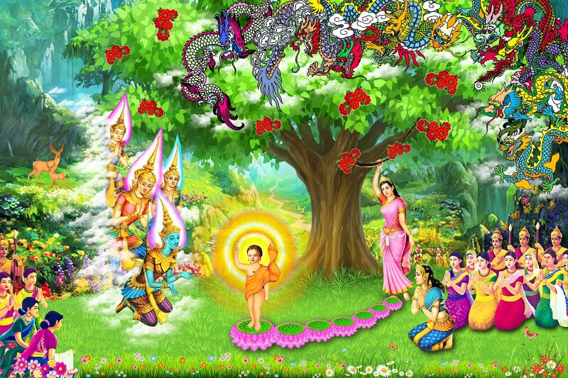 Hình ảnh Đức Phật Đản Sanh bước đi 7 bước, có 7 đóa sen dưới chân nâng gót chân Ngài ở vườn Lâm Tỳ Ni. 