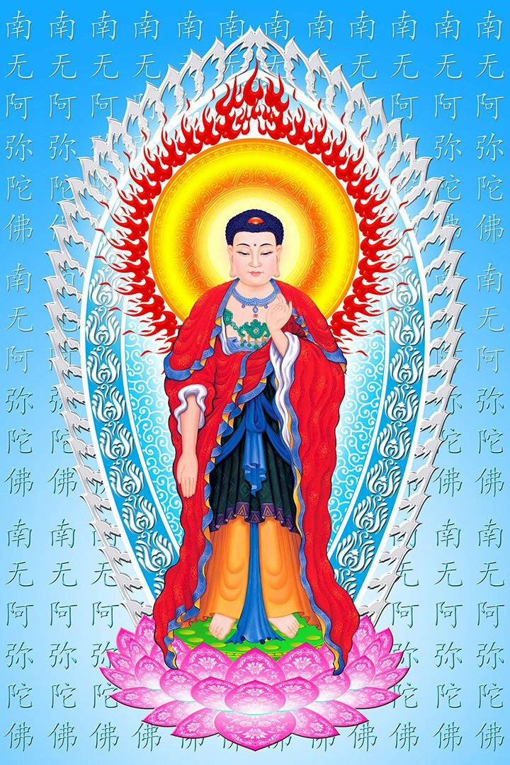 Hình Phật A Di Đà HD trên nền chữ Hán màu xanh da trời trang nghiêm thanh tịnh. 