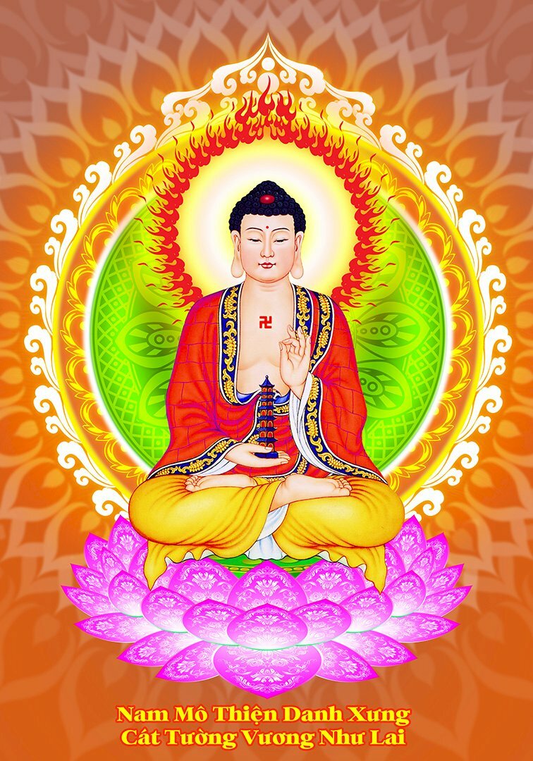 Tranh Phật Dược Sư ngồi tòa sen hồng, tay cầm bảo tháp, khoác y áo màu đỏ, tay cầm bảo tháp, trên nền cam có hoa văn.