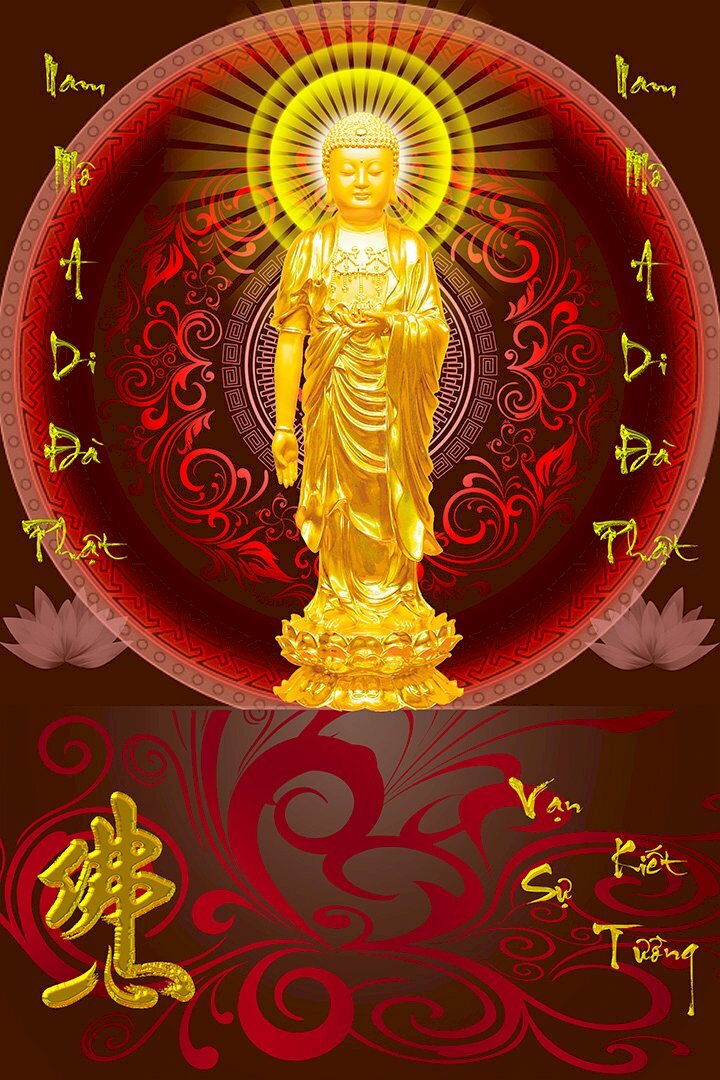 Ảnh bìa lịch Bloc tượng Phật A Di Đà màu vàng, đứng trên đài sen trên nền đỏ có hoa văn, hai bên có dòng chữ: Nam Mô A Di Đà Phật