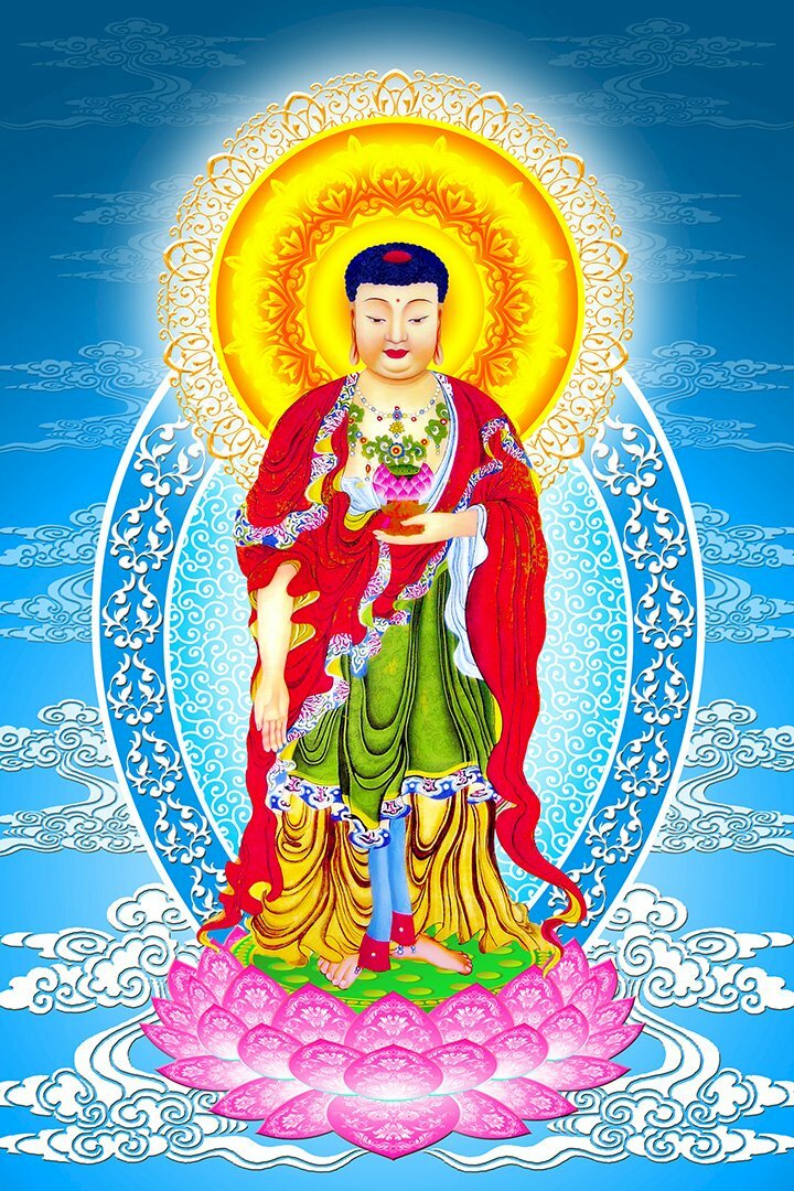 Hình ảnh của Phật A Di Đà trên nền trời xanh, mây trắng đẹp nhất.