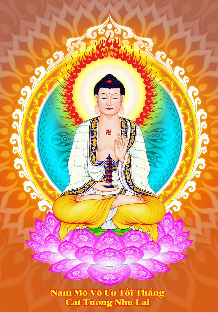 Hình ảnh Phật Dược Sư ngồi ngồi kiết già xếp bằng trên tòa sen hồng, tay cầm bảo tháp, khoác y áo màu trắng, tay cầm bảo tháp, trên nền cam có hoa văn.