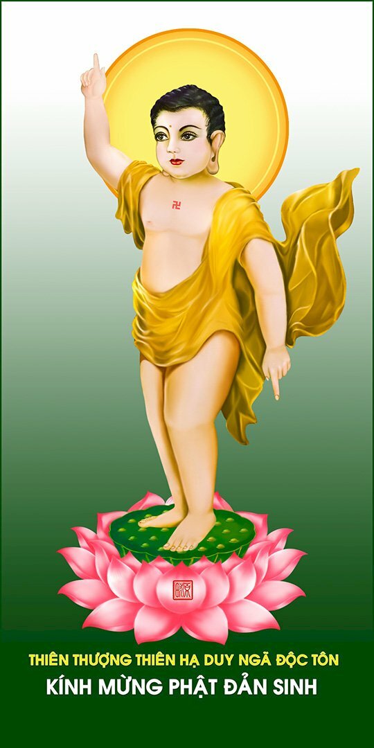Hình chúc mừng lễ phật Đản, ảnh đức Phật sơ sinh đứng trên đài sen, một tay Đức Phật chỉ lên trời, 1 tay ngài chỉ xuống đất nói: "Thiên thượng thiên hạ, duy ngã độc tôn"