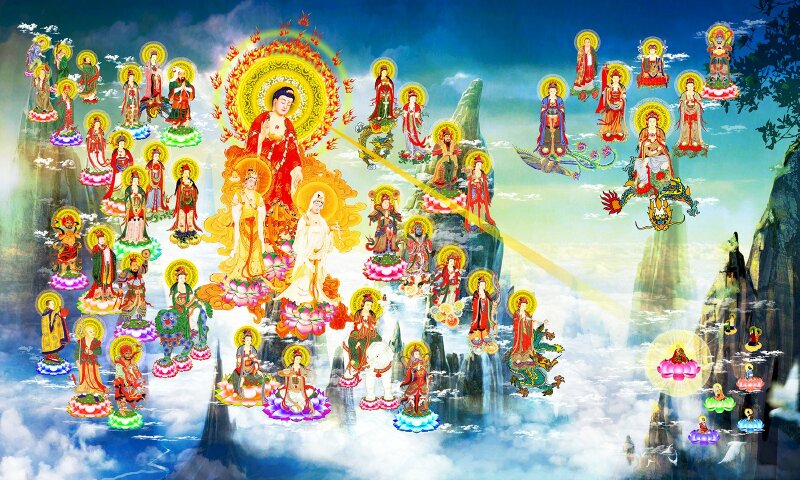 Hình đức Phật A Di Đà quang minh vô lượng đang tiếp dẫn chúng sanh về thế giới Cực lạc Tây phương.