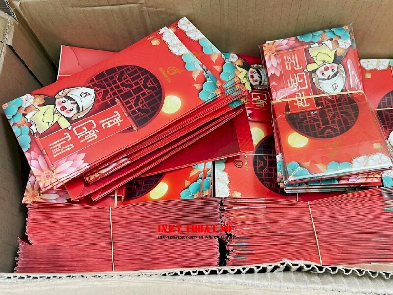Mẫu bao lì xì Tết 2024, ép kim chữ Tết và tên, logo công ty, cán mờ mặt ngoài, thành phẩm bế dán xếp theo file