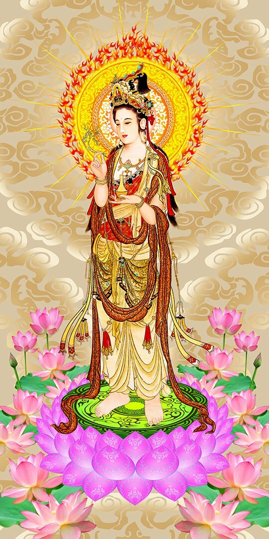 Bồ Tát Quán Thế Âm tay trái cầm bình cam lộ, tay phải cầm cành dương liễu.
