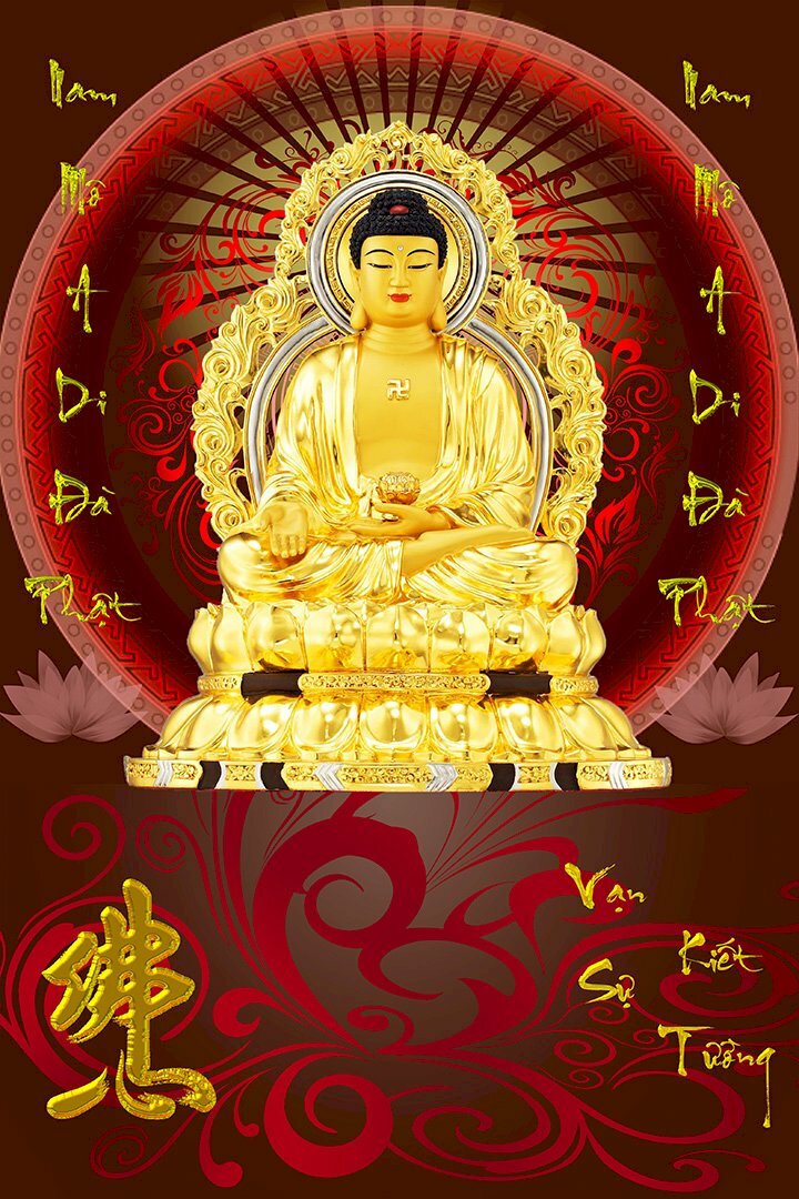 Ảnh bìa lịch Bloc hình Phật A Di Đà màu vàng ngồi trên đài sen trên nền đỏ có hoa văn, hai bên có dòng chữ: Nam Mô A Di Đà Phật