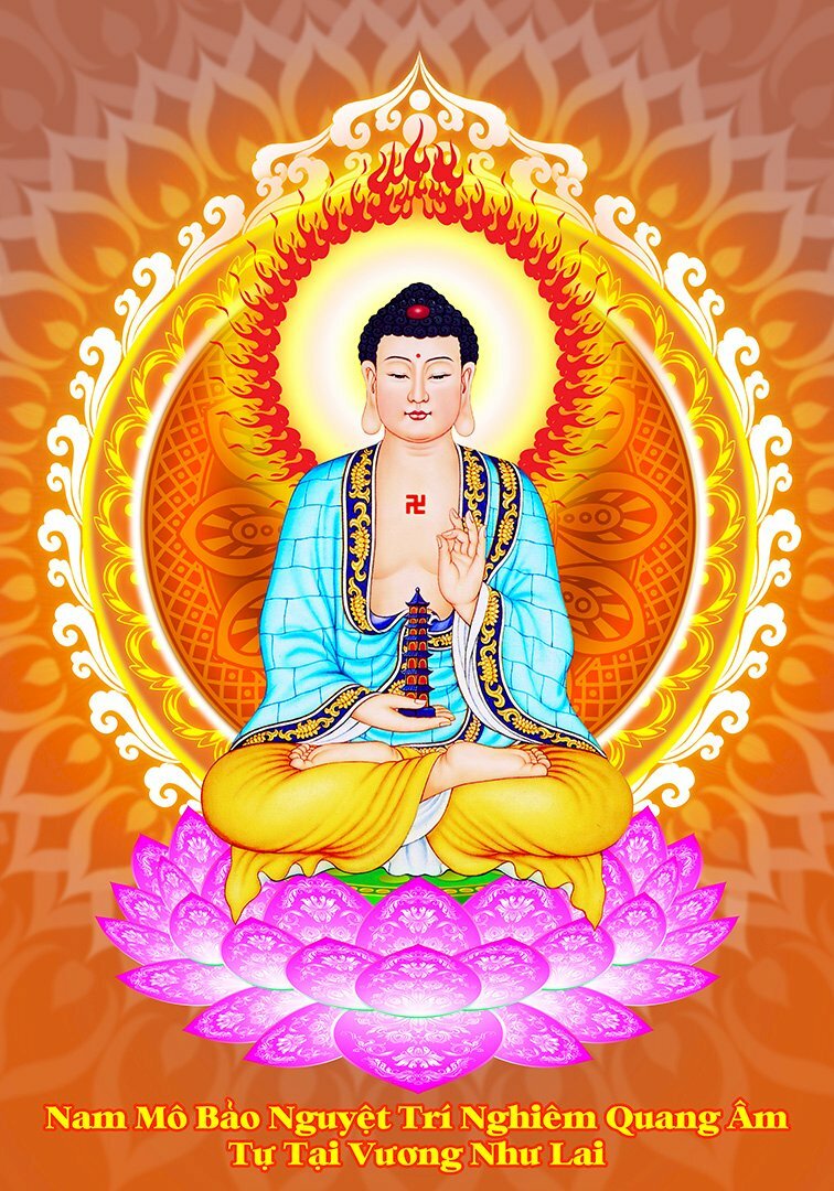 Hình nền Phật Dược Sư ngồi tòa sen, khoác y áo màu xanh, tay cầm bảo tháp 7 tầng, trên nền cam có hoa văn.