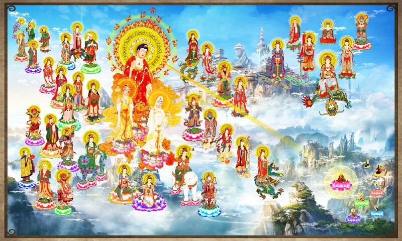 Tranh Tây Phương cực lạc thánh chúng tiếp dẫn chúng sanh về cõi Cực Lạc giữa bầu trời, núi rừng hùng vĩ.