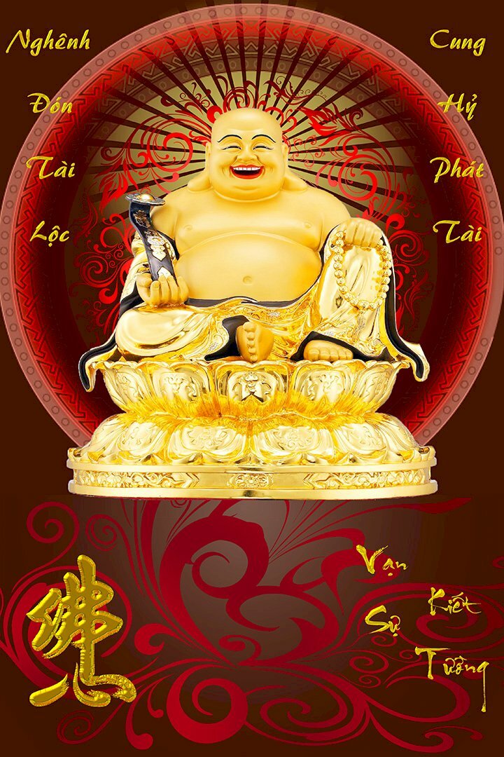 Ảnh bìa lịch Bloc hình Phật Di Lặc Bồ Tát cười tươi hoan hỉ, ngồi trên đài sen, trên nền đỏ có hoa văn, hai bên có dòng chữ: 