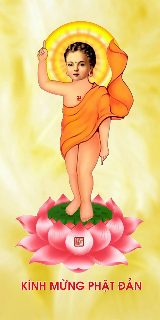 Hình ảnh đức Phật sơ sinh một tay chỉ trời, một tay chỉ đất, đứng trên đài sen kính mừng đại lễ Phật đản.