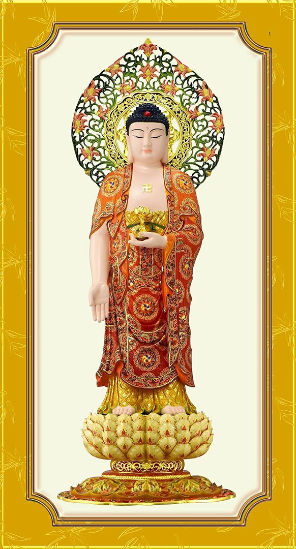 Hình tượng Phật A Di Đà thân kim sắc ở vị trí trung tâm trong tranh Tây Phương Tam Thánh