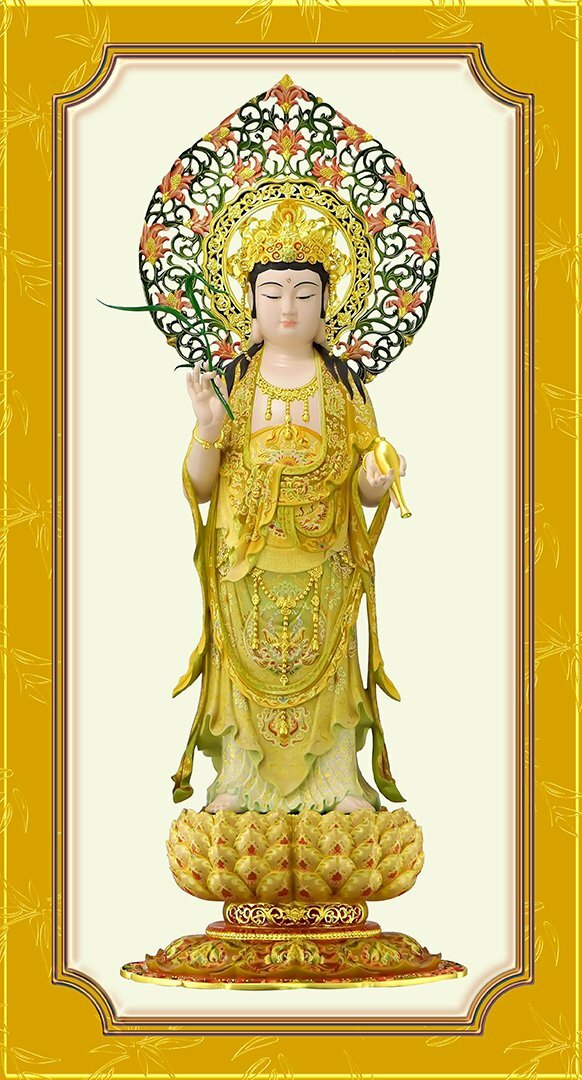 Hình ảnh tượng Quán Thế Âm đứng bên phải Phật A Di Đà
