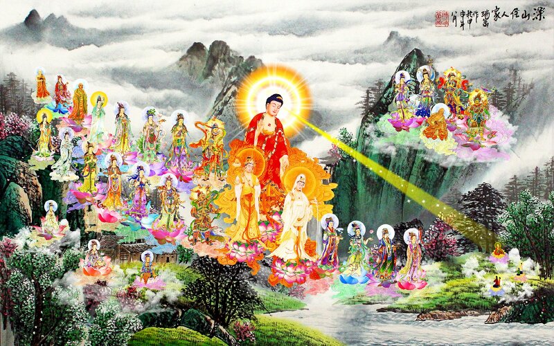 Tây Phương Tam Thánh Cực Lạc Thánh Chúng Tiếp Dẫn về Tây phương Tịnh độ.