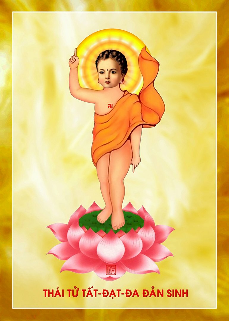 Hình ảnh kính mừng Thái Tử Tất Đạt Đa Đản Sinh đẹp, ngài đứng trên đài sen, một tay chỉ trời, một tay chỉ đất. 