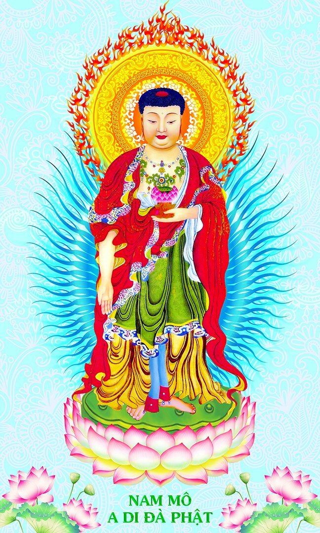 Hình ảnh Phật A Di Đà tỏa hào quang sáng ngời, có chữ Nam Mô A Di Đà Phật.