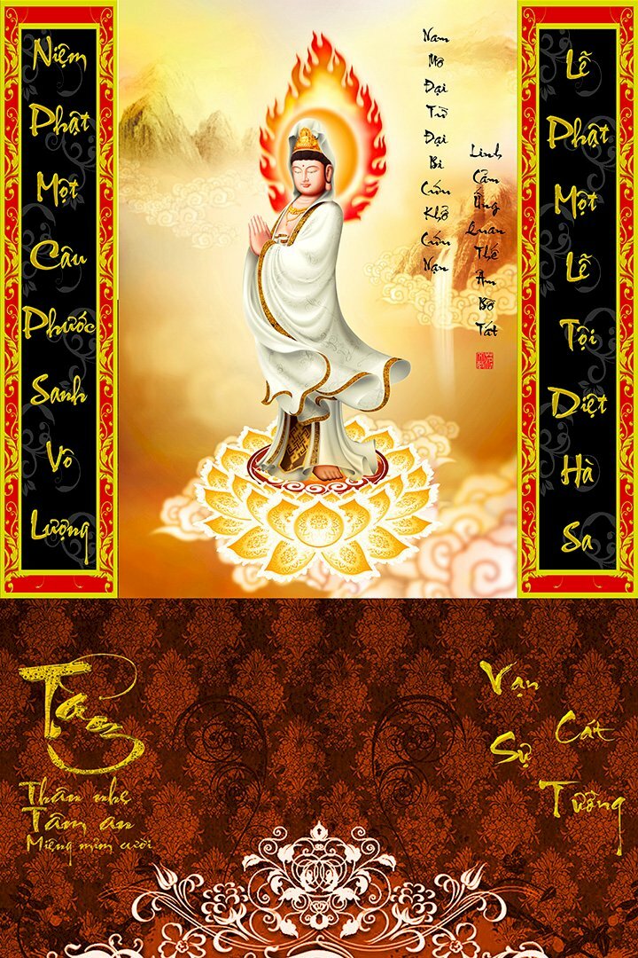 Ảnh bìa lịch Bloc hình Bồ Tát Quan Âm khoác y áo trắng, phía sau là cảnh mây núi hùng vĩ, hai bên có dòng chữ: