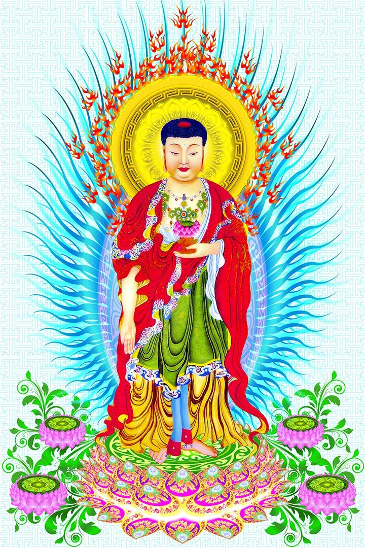 Hình ảnh tiếp dẫn đạo sư A Di Đà Phật một tay cầm hoa sen, một tay đưa ra tiếp dẫn chúng sinh.