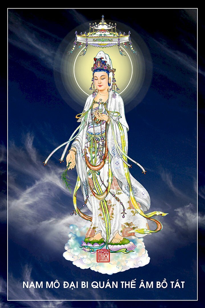 Hình đức Phật Quan Thế Âm Bồ Tát tay cầm cành dương liễu rưới nước cam lồ rưới mát chúng sanh.