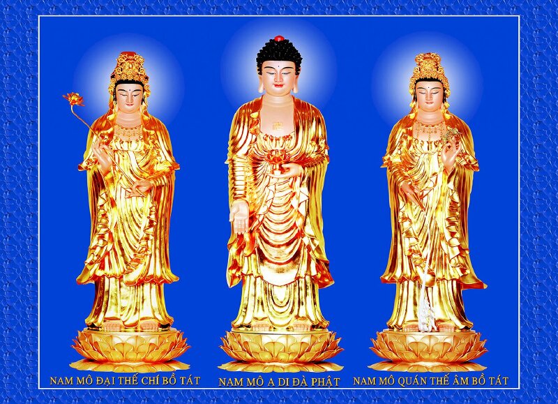 Ảnh tượng Tây Phương Tam Thánh đứng toàn thân màu vàng, phóng hào quang trắng, trên nền xanh.