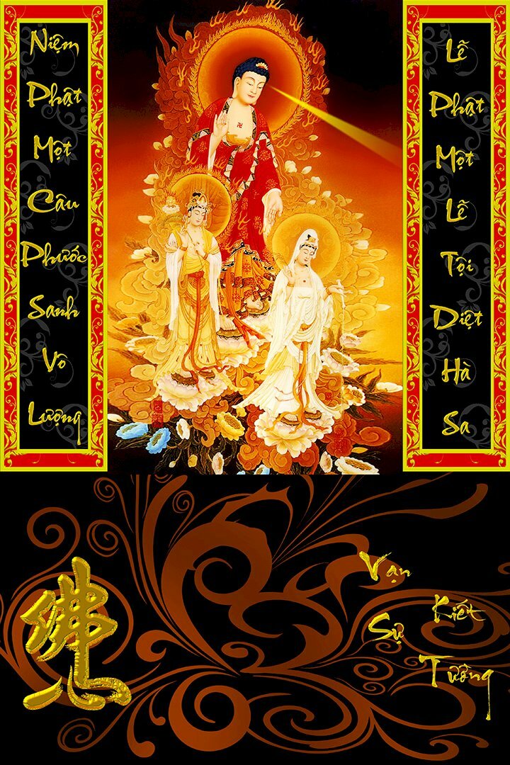 Ảnh bìa lịch Bloc hình Tây Phương Tam Thánh tiếp dẫn, hai bên có hai câu đối: