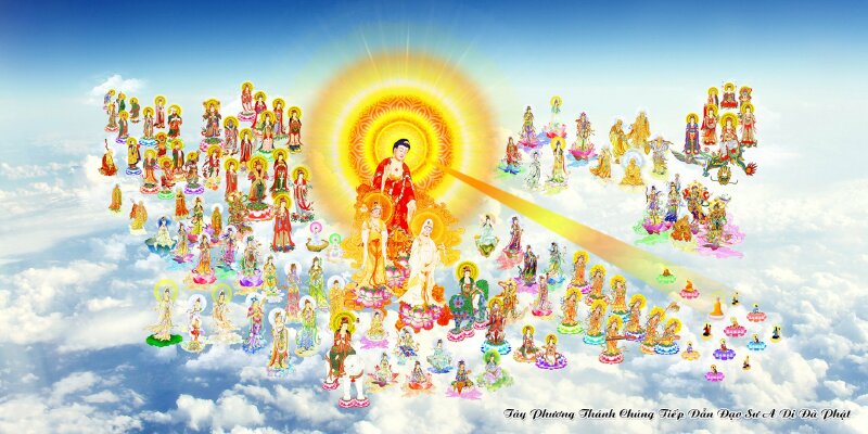 Hình Đức Phật A Di Đà đến tiếp dẫn chúng sanh về Tây Phương Cực Lạc giữa nền trời xanh mây trắng.