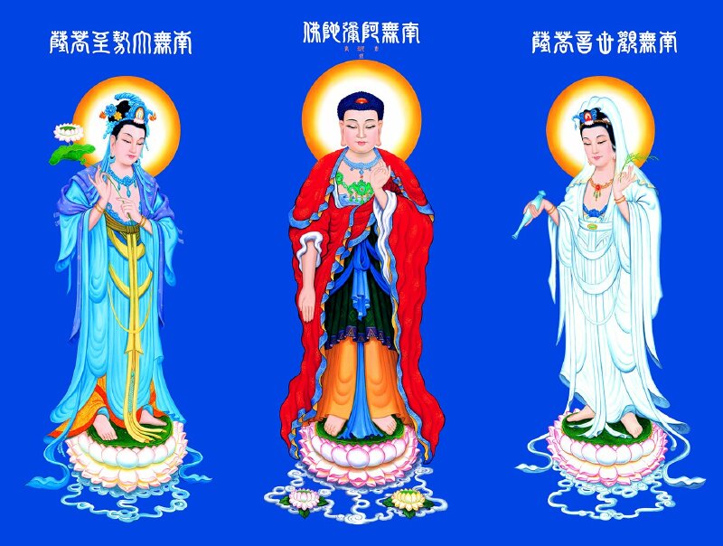 Hình Phật Tây Phương Tam Thánh trên nền xanh dương trang nghiêm thanh tịnh, phía trên có chữ Hán.