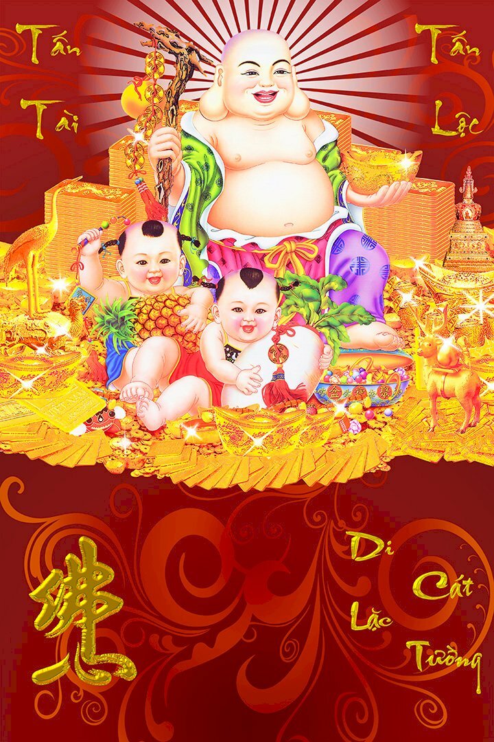Ảnh bìa lịch Bloc hình Phật Di Lặc cười tươi, và hai đứa trẻ đang vui đùa trên vàng bạc lấp lánh. 