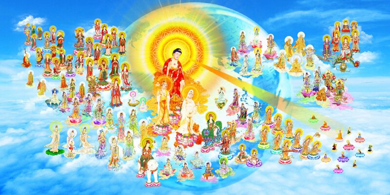 Hình Phật A Di Đà phóng quang tiếp dẫn chúng sanh giữa không trung đẹp nhất.