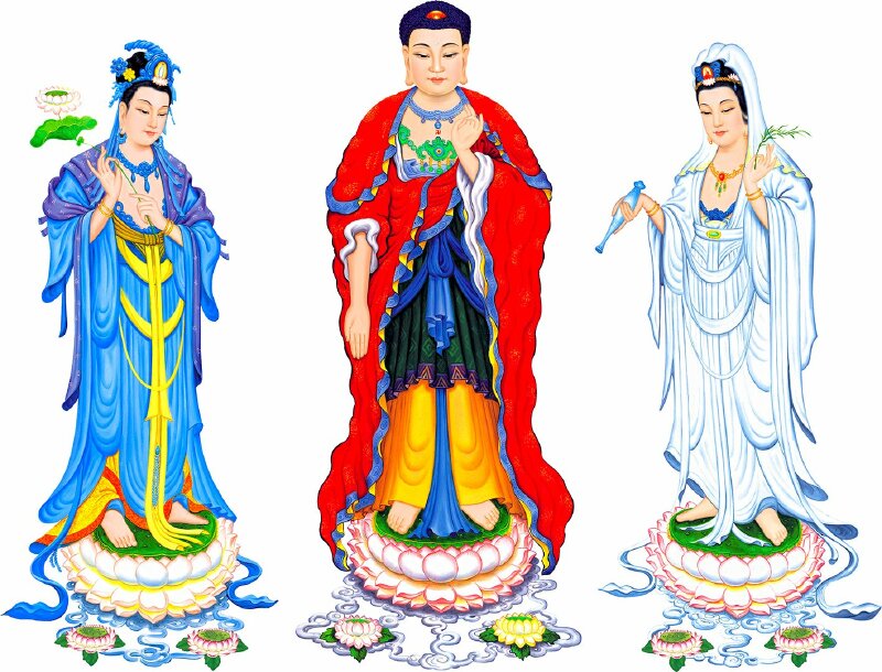 Hình Phật Tây Phương Tam Thánh đứng trên nền trắng, có thể dùng để ghép hình.