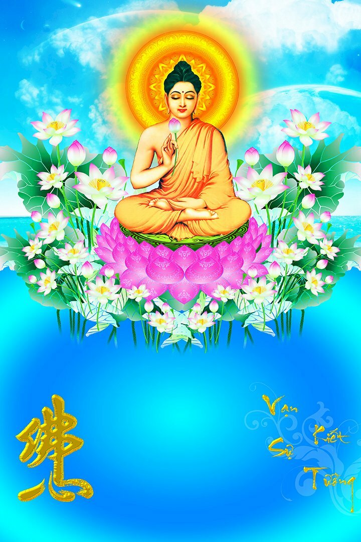 Ảnh bìa lịch Bloc treo tường hình Phật Thích Ca ngồi trên đài sen hồng, phát ánh hào quang vàng, trên nền màu xanh da trời.