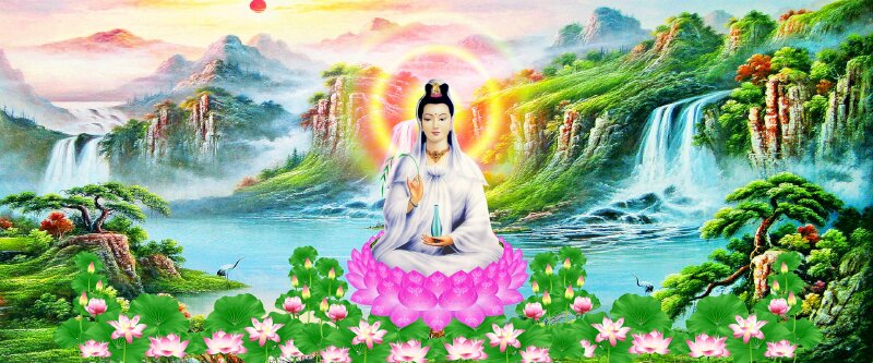 Ảnh ngài Quán Thế Âm Bồ Tát hiển thị uy nghi giữa sông núi