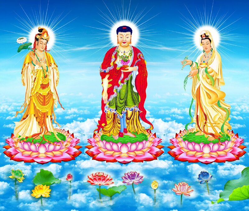 Hình ảnh Tây Phương Tam Thánh ba vị Phật đứng tỏa hào quang tiếp dẫn đẹp nhất