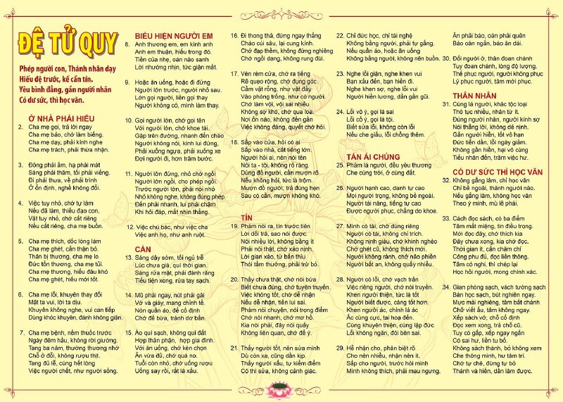 Hình ảnh Đệ Tử Quy khổ lớn, chất lượng cao, tranh chữ trên nền vàng có hoa văn hoa sen chìm. 