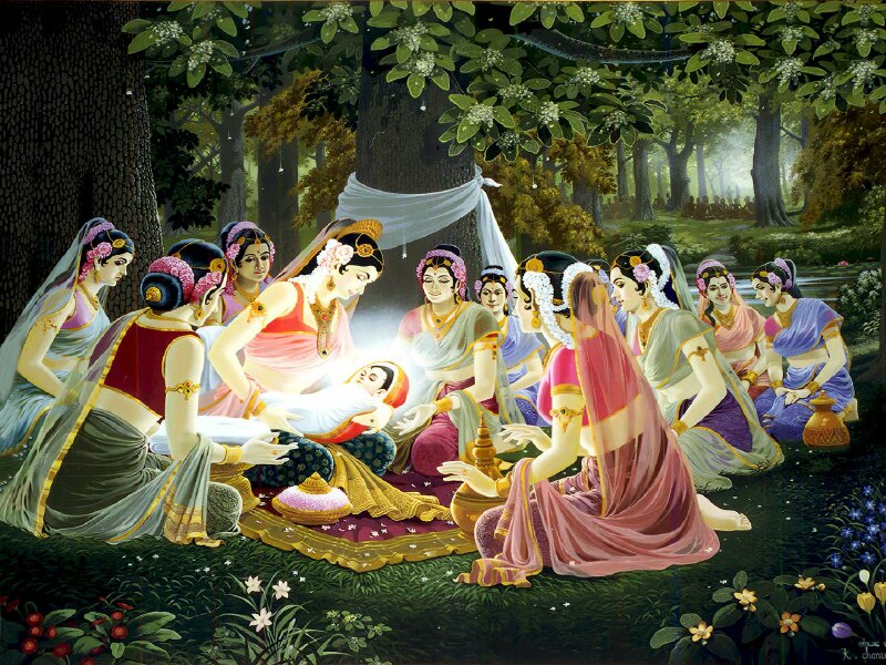 Hình ảnh Đức Phật Đản Sanh dưới gốc cây vô ưu ở vườn Lâm Tỳ Ni có các nữ tỳ quây màn xung quanh.