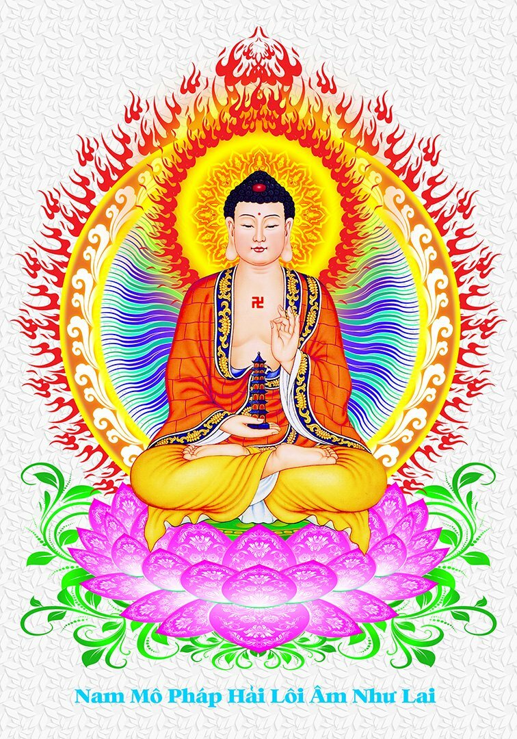 Hình ảnh Phật Dược Sư khoác y màu cam ngồi trên đài sen hồng, sau lưng tỏa hào quang sáng, trên nền trắng có họa tiết. 