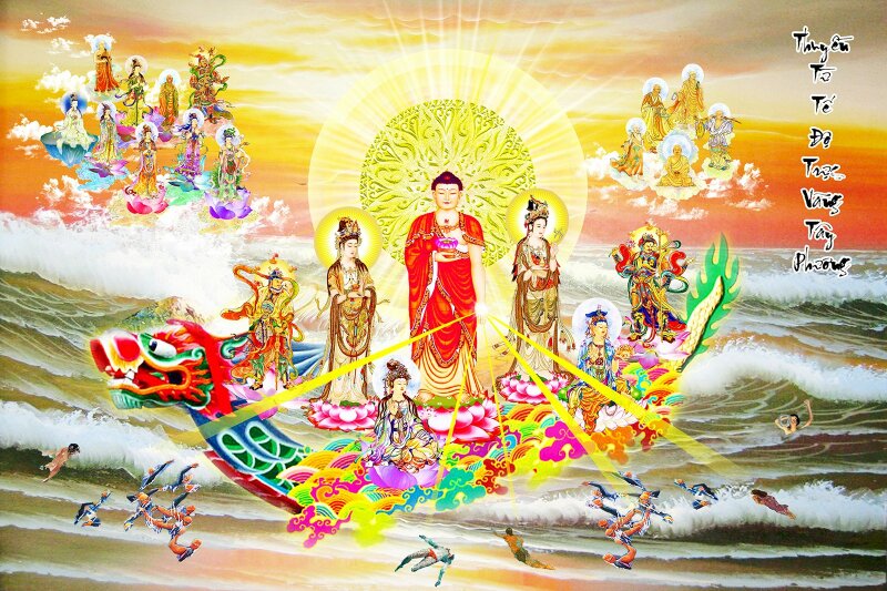 Hình ảnh Thuyền Bát Nhã có hình đầu rồng, do Đức Phật làm chủ thuyền đang cứu độ chúng sanh khỏi bến mê.