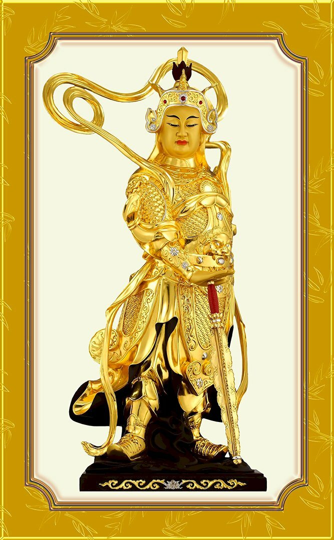 Hình ảnh tượng Hộ Pháp Vi Đà Thiên tay cầm chùy kim cương hàng ma đứng quay người về bên phải