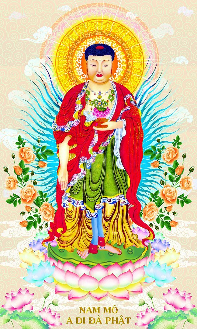 Hình Phật A Di Đà đứng trên đài sen hồng, xung quanh là các bông hoa đua nhau nở