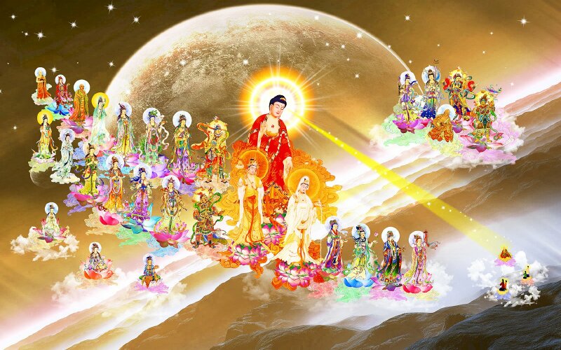 Ảnh Tây Phương Tiếp Dẫn ánh hào quang màu vàng của đức Phật A Di Đà soi sáng bao trùm khắp.