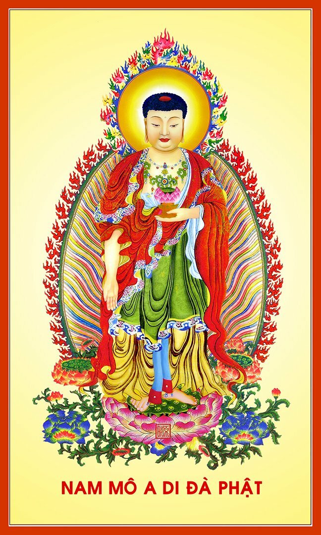 Hình ảnh đức Phật A Di Đà tỏa hào quang đẹp nhất trên nền vàng có khung viền đỏ. 